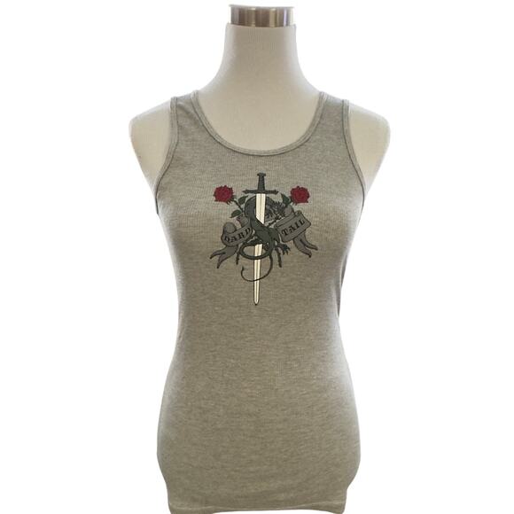 Hard Tail Tops - VTG Hard Tail Womens L Y2K Racerback Fitted Tank Top Tattoo Roses Sword Long